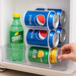 Organizador de latas transparente de tres niveles para nevera, cargado con latas de Pepsi y Sprite y una botella verde.