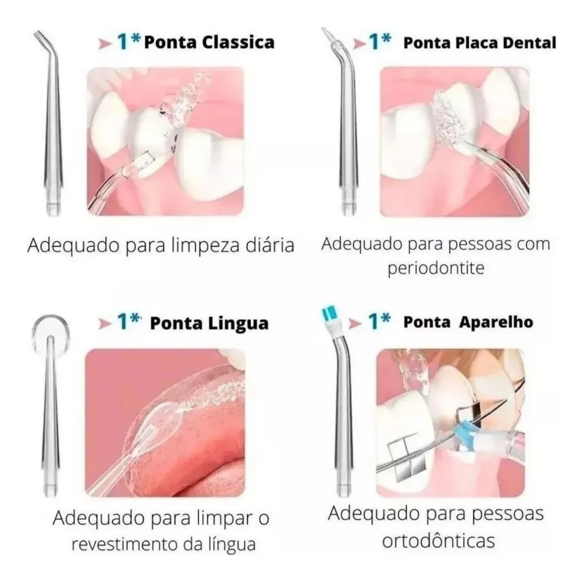 Cuatro boquillas intercambiables para irrigador bucal con usos específicos: clásica, placa dental, lengua y ortodoncia, con ilustraciones de aplicación.