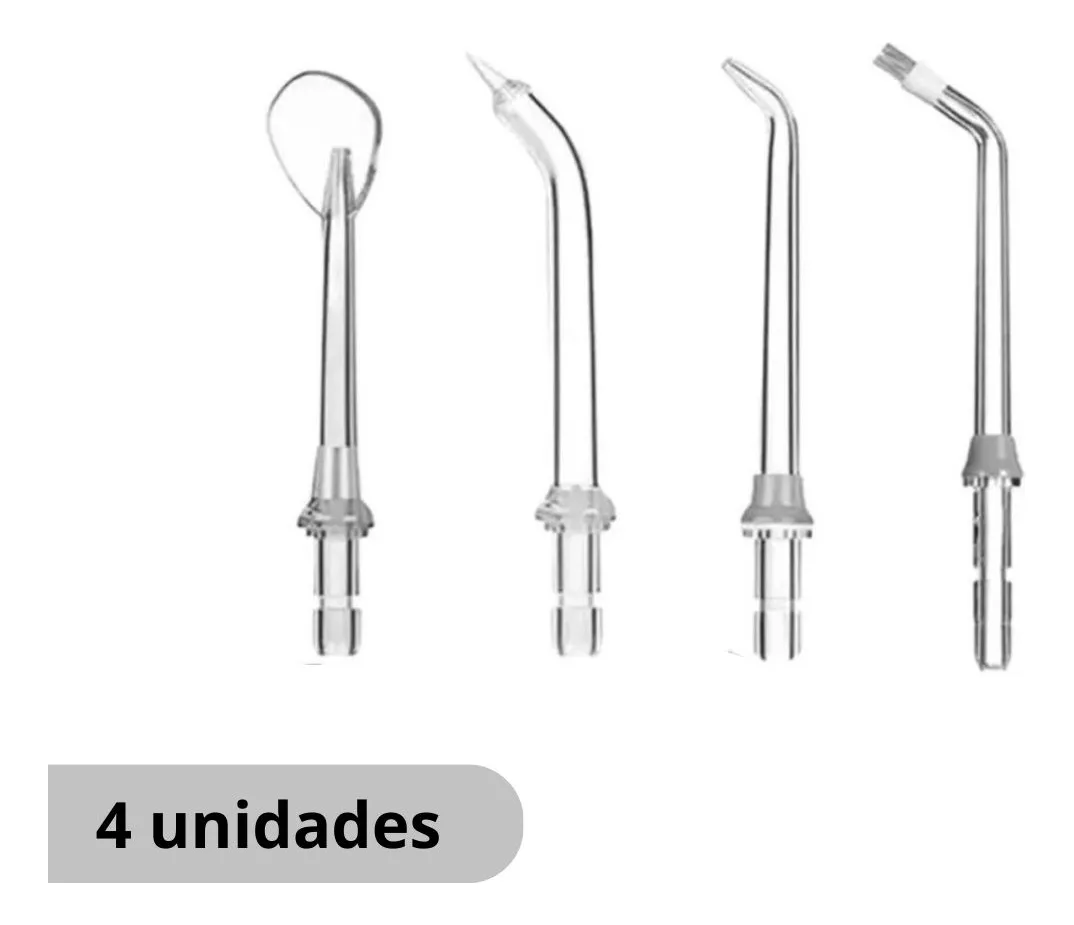 Set de 4 boquillas transparentes de repuesto para irrigador bucal, incluye puntas especiales para ortodoncia, periodoncia y limpieza general.