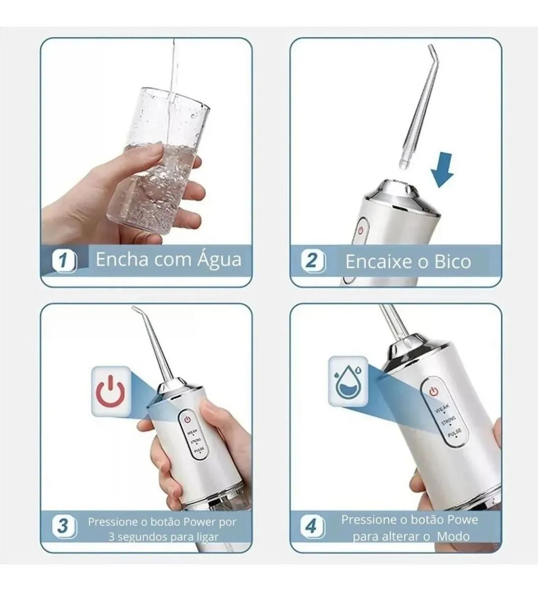 Infografía de cuatro pasos de un irrigador bucal eléctrico inalámbrico blanco: llenado, inserción de boquilla, encendido y selección de modo.