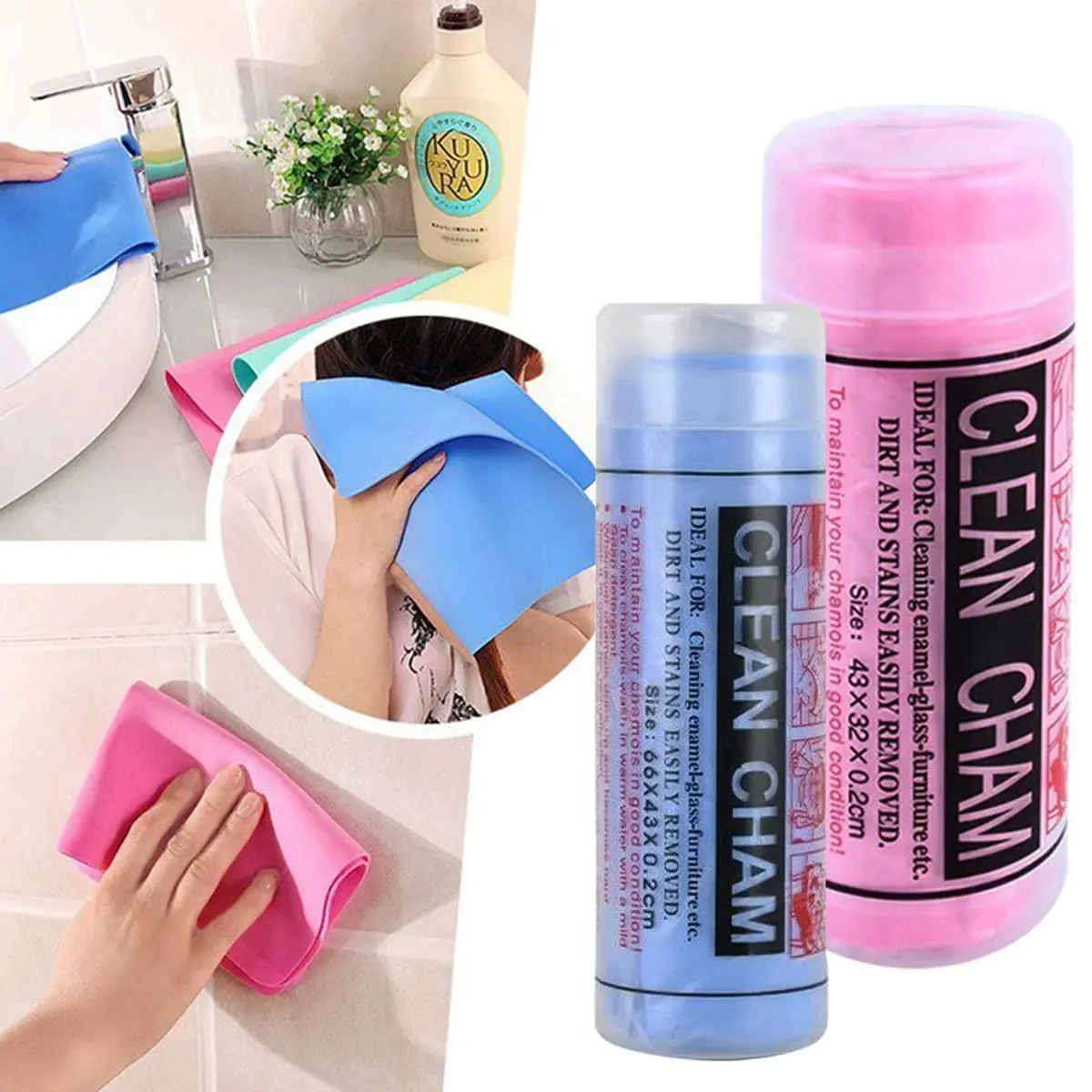 Set de dos toallas de microfibra Clean Cham, una azul de 66x43 cm y una rosa de 43x32 cm, ideales para secar el cabello, superficies y muebles.
