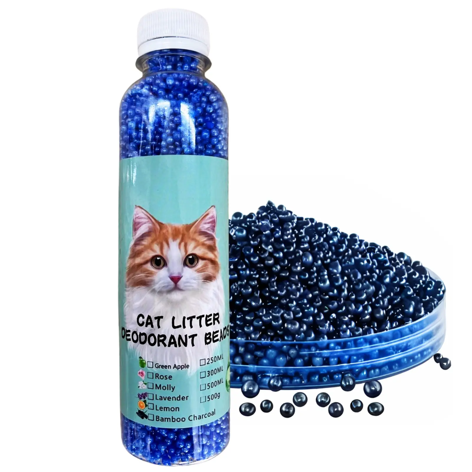Botella cilíndrica con perlas desodorizantes azules para arena de gatos, etiqueta con gato blanco y naranja, y contenedor transparente lleno de perlas.