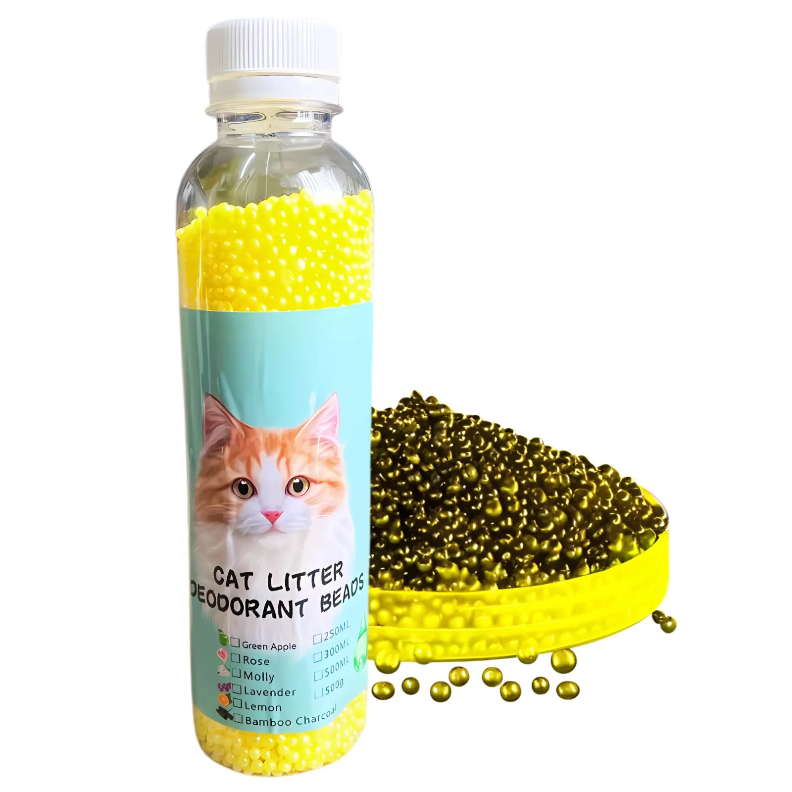 Botella transparente con perlas amarillas y etiqueta con gato, al lado de un plato con esferas oscuras desodorizantes para arenero.
