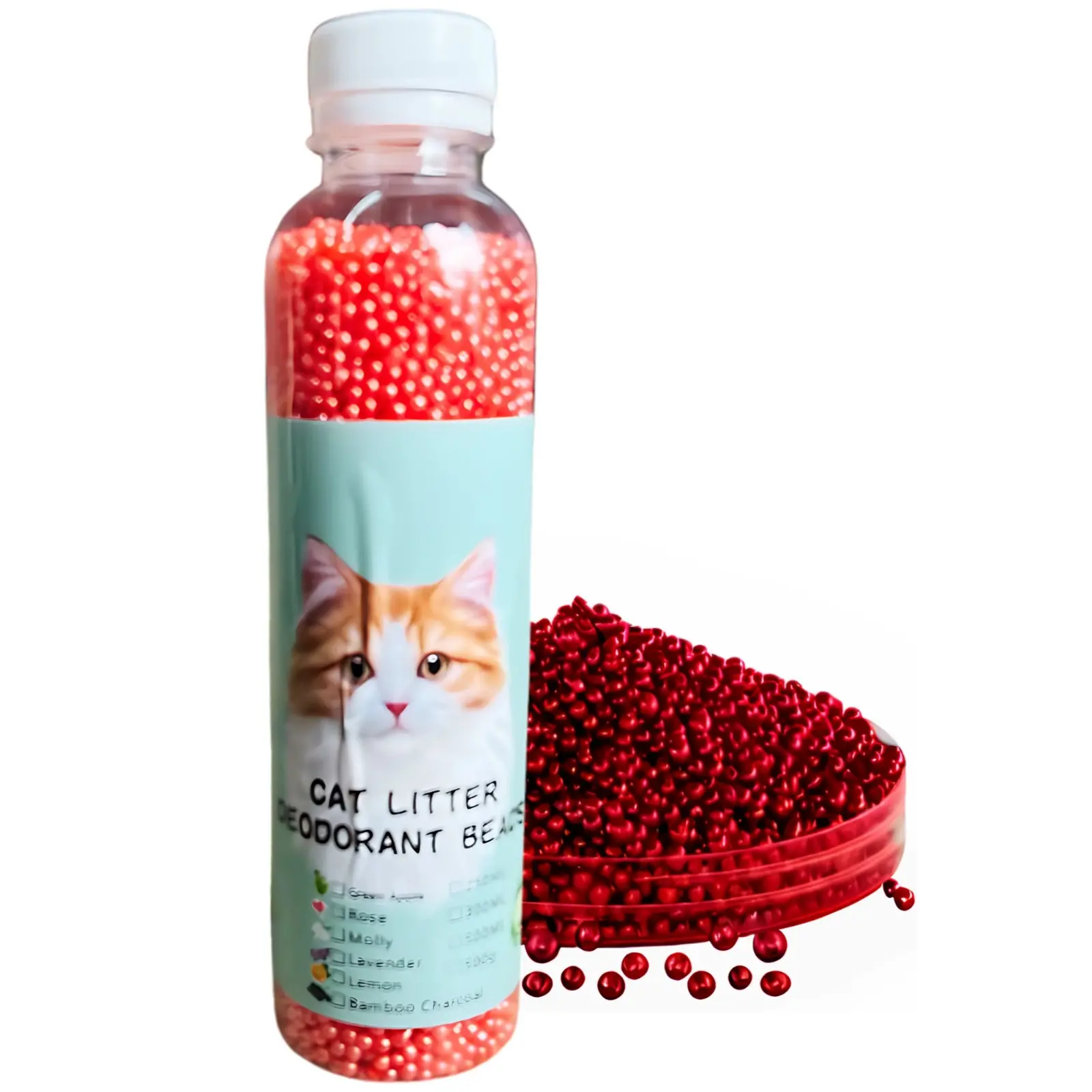 Botella cilíndrica de perlas desodorizantes rojas para arenero de gatos, con etiqueta frontal de gato blanco y anaranjado, acompañada de un montón de cuentas.
