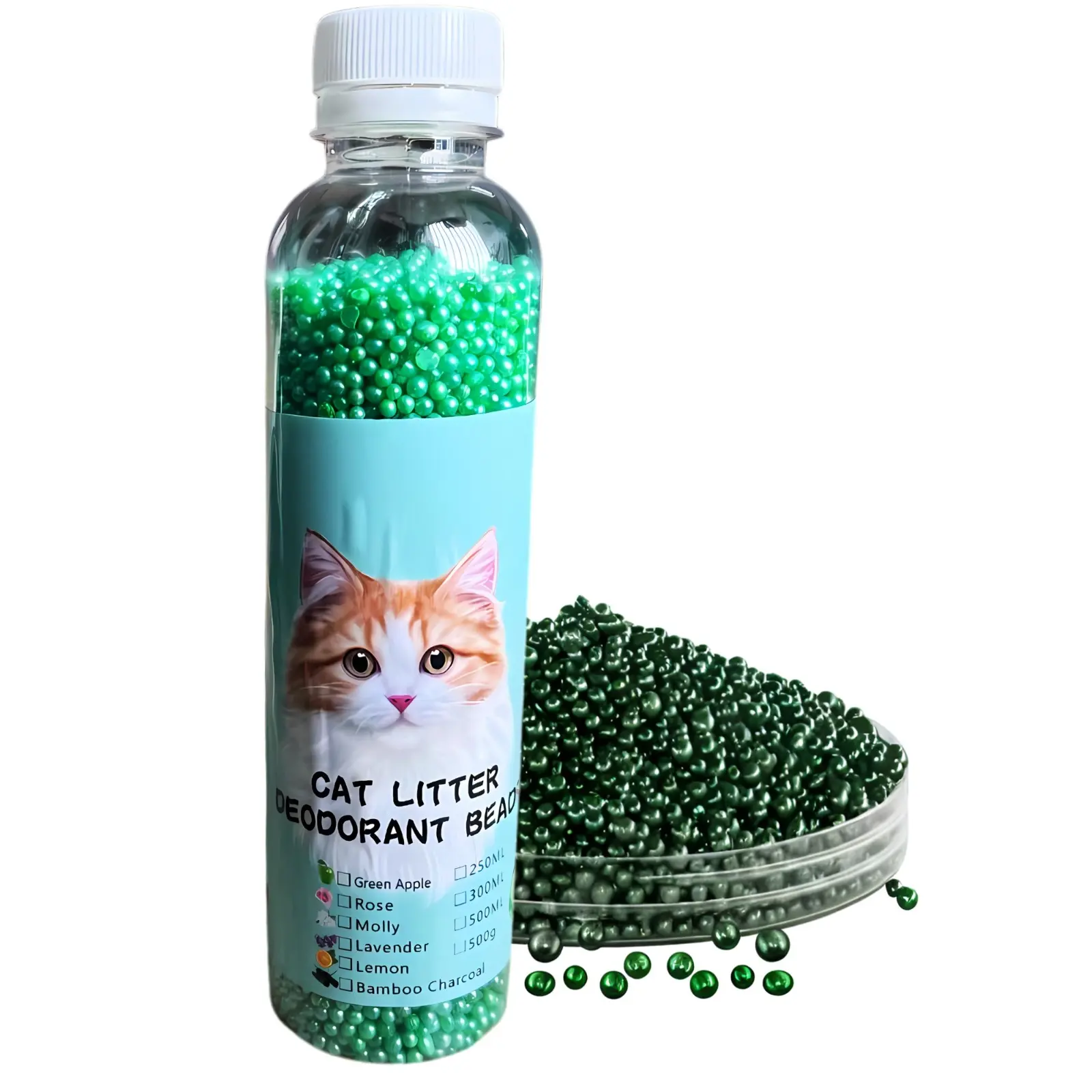 Botella plástica con perlas desodorizantes verdes para arenero de gatos, frente a un recipiente transparente lleno de las mismas esferas aromáticas.