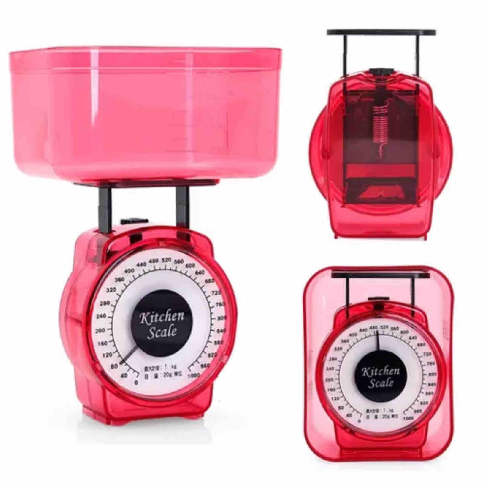 Báscula de cocina mecánica roja analógica de 1 kg con bol transparente, vista frontal y superior que muestra su mecanismo interno de resorte y carátula graduada.