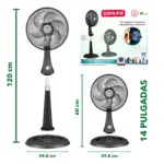 Ventilador Samurai 2 en 1 de 14 pulgadas en color negro. Muestra dos configuraciones de altura: pedestal de 120 cm y mesa de 60 cm, con base de 39.8 cm.