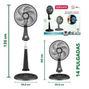 Ventilador Samurai 2 en 1 de 14 pulgadas en color negro. Muestra dos configuraciones de altura: pedestal de 120 cm y mesa de 60 cm, con base de 39.8 cm.