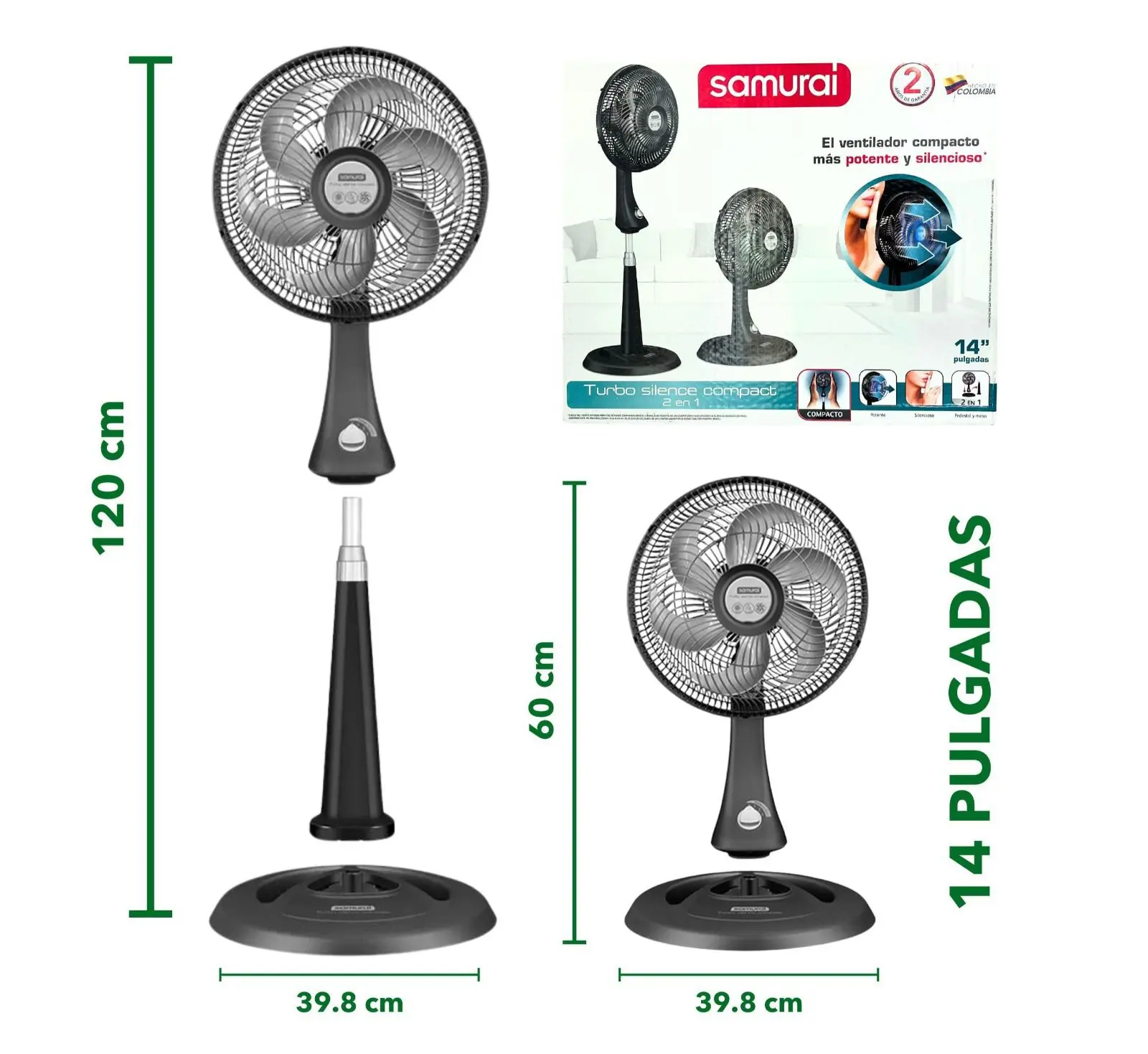Ventilador Samurai 2 en 1 14 pulgadas de pedestal y mesa - refrescas tus espacios con un flujo potente y silencioso