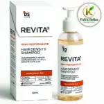 Caja y frasco con dispensador de shampoo Revita de DS Labs para densidad capilar con Nanoxidil 5%, presentación de 120 ml y líquido ámbar.