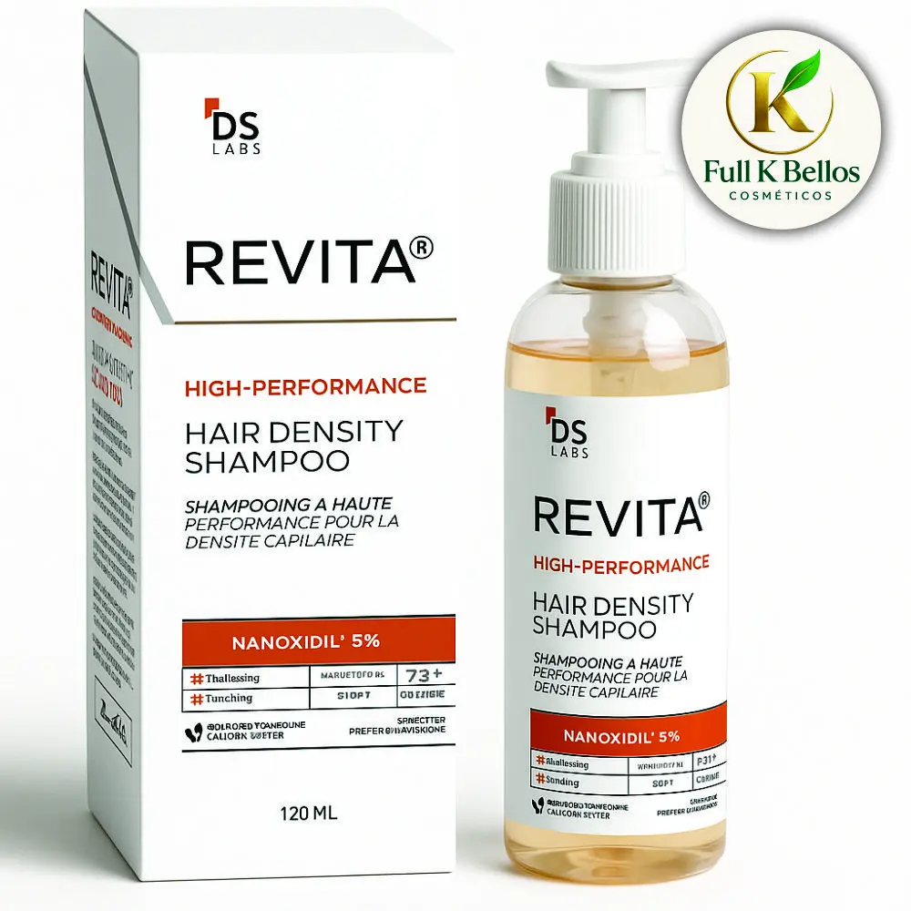 Caja y frasco con dispensador de shampoo Revita de DS Labs para densidad capilar con Nanoxidil 5%, presentación de 120 ml y líquido ámbar.