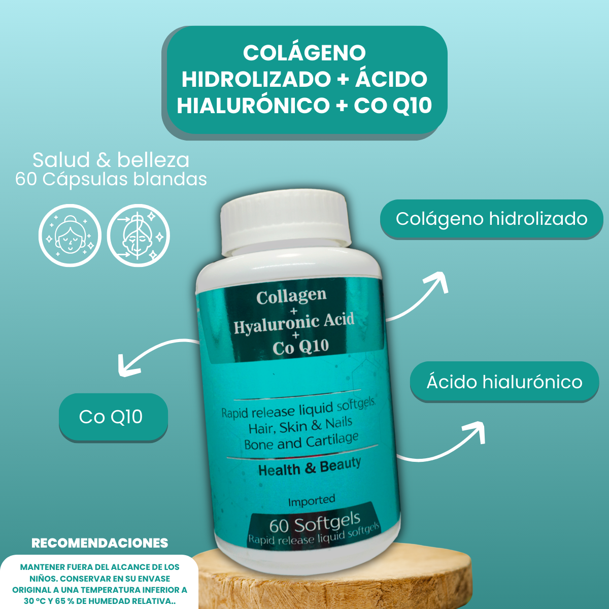 Frasco blanco de colágeno hidrolizado con ácido hialurónico y CoQ10, 60 cápsulas blandas sobre base de madera, con textos informativos alrededor.