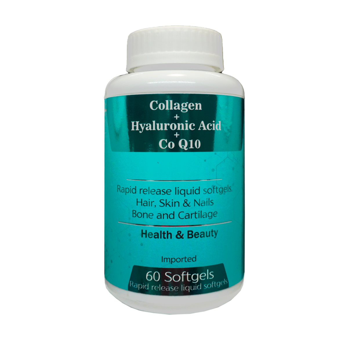 Frasco blanco con etiqueta verde turquesa de colágeno, ácido hialurónico y CoQ10, presentación de 60 softgels para salud y belleza.