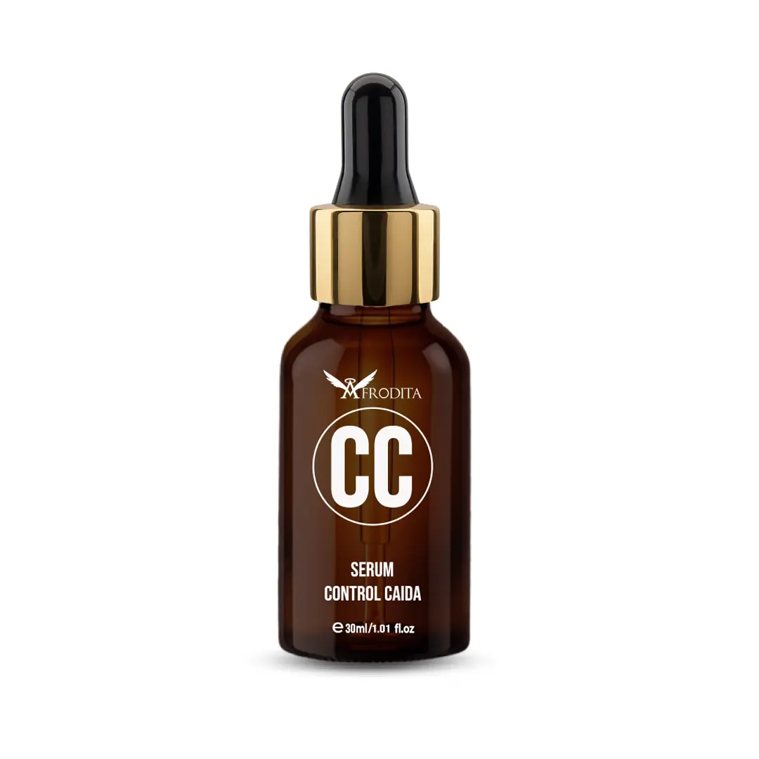 Frasco gotero ámbar de vidrio de 30 ml con tapa dorada y dosificador negro, etiqueta marrón con el logotipo Afrodita y texto CC serum control caída