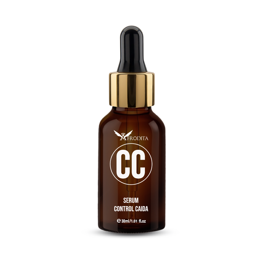 Sérum capilar CC Control Caída en frasco ámbar de 30 ml con gotero dorado para fortalecer la raíz y estimular el crecimiento.