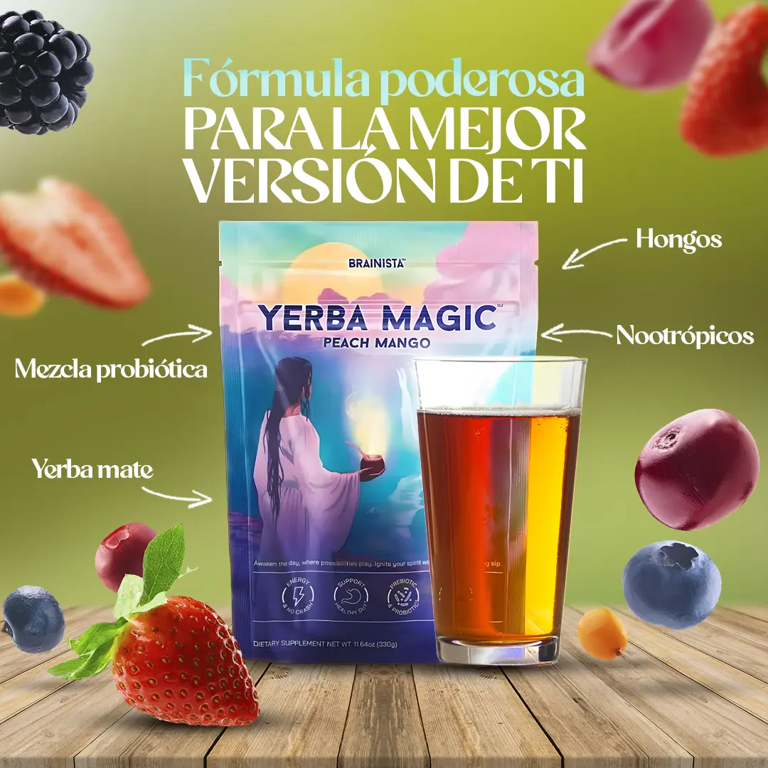 Bebida en polvo de yerba mate sabor durazno y mango con probióticos, hongos y nootrópicos, presentada en bolsa y vaso con líquido sobre madera.