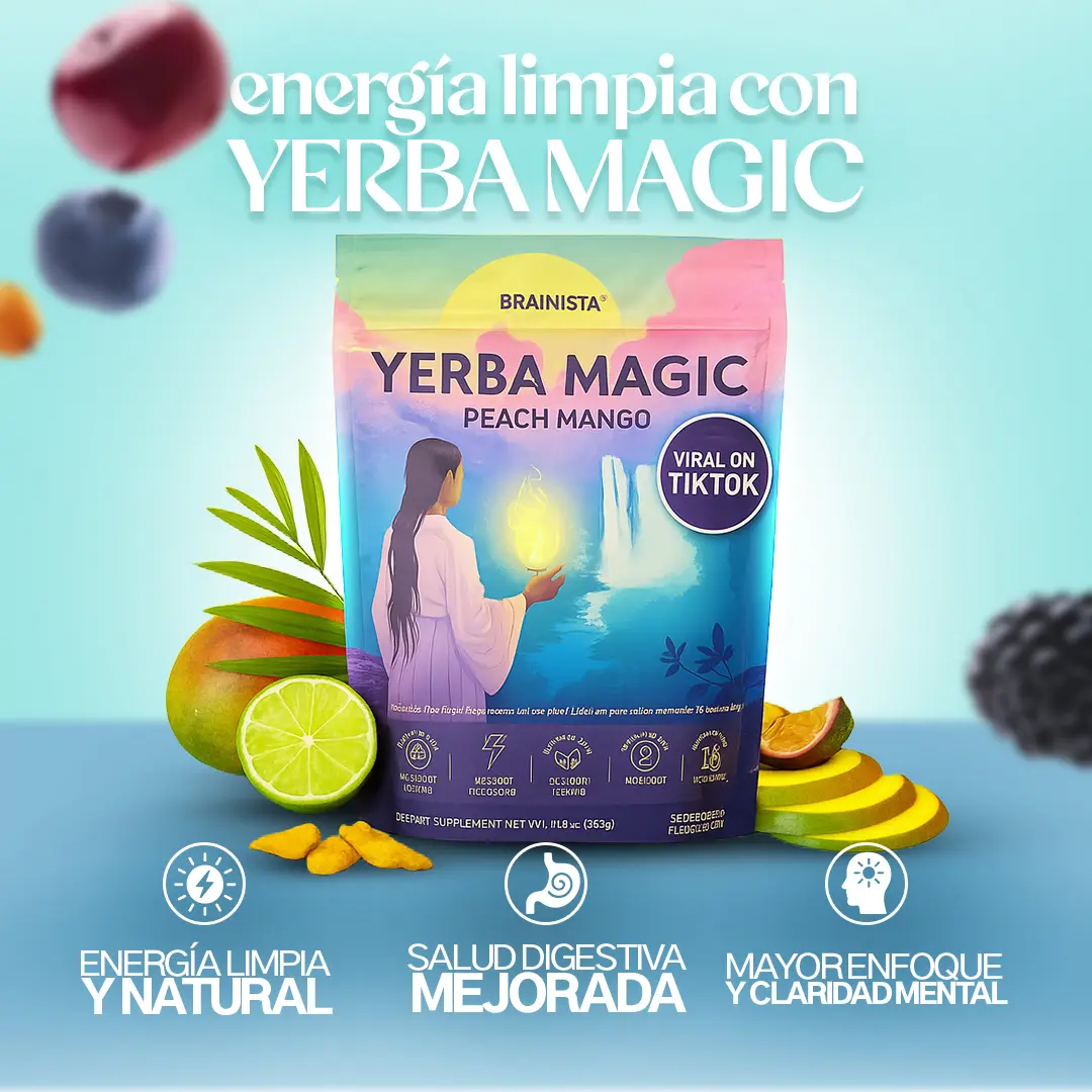 Bolsa de Yerba Magic sabor melocotón y mango con de mujer sosteniendo una esfera luminosa, rodeada de frutas frescas, hojas y raices, sobre fondo azul.