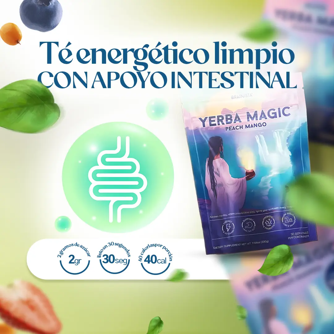 Bolsa morada de té energizante Yerba Magic sabor melocotón y mango junto a un ícono verde de sistema digestivo y beneficios destacados.