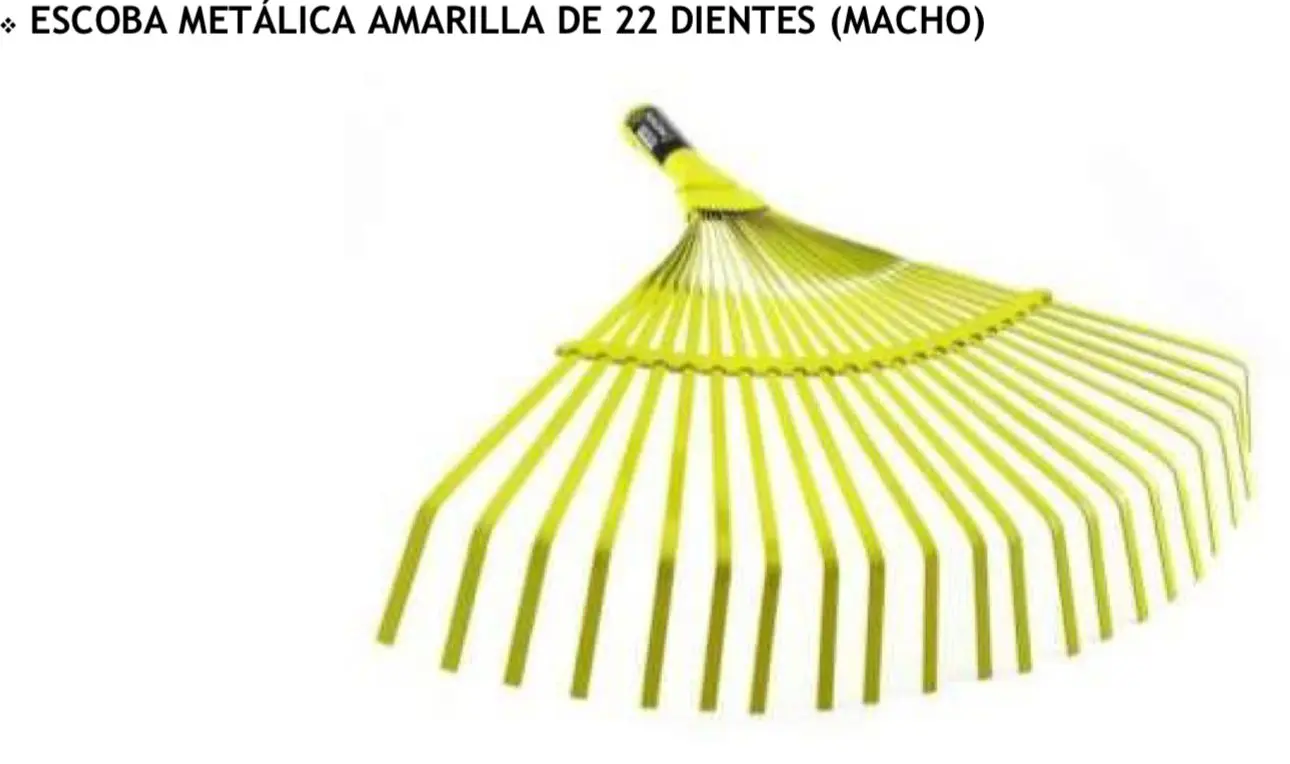 Escoba metálica amarilla para jardín de 22 dientes, diseño tipo abanico con varillas planas para recoger hojas secas.