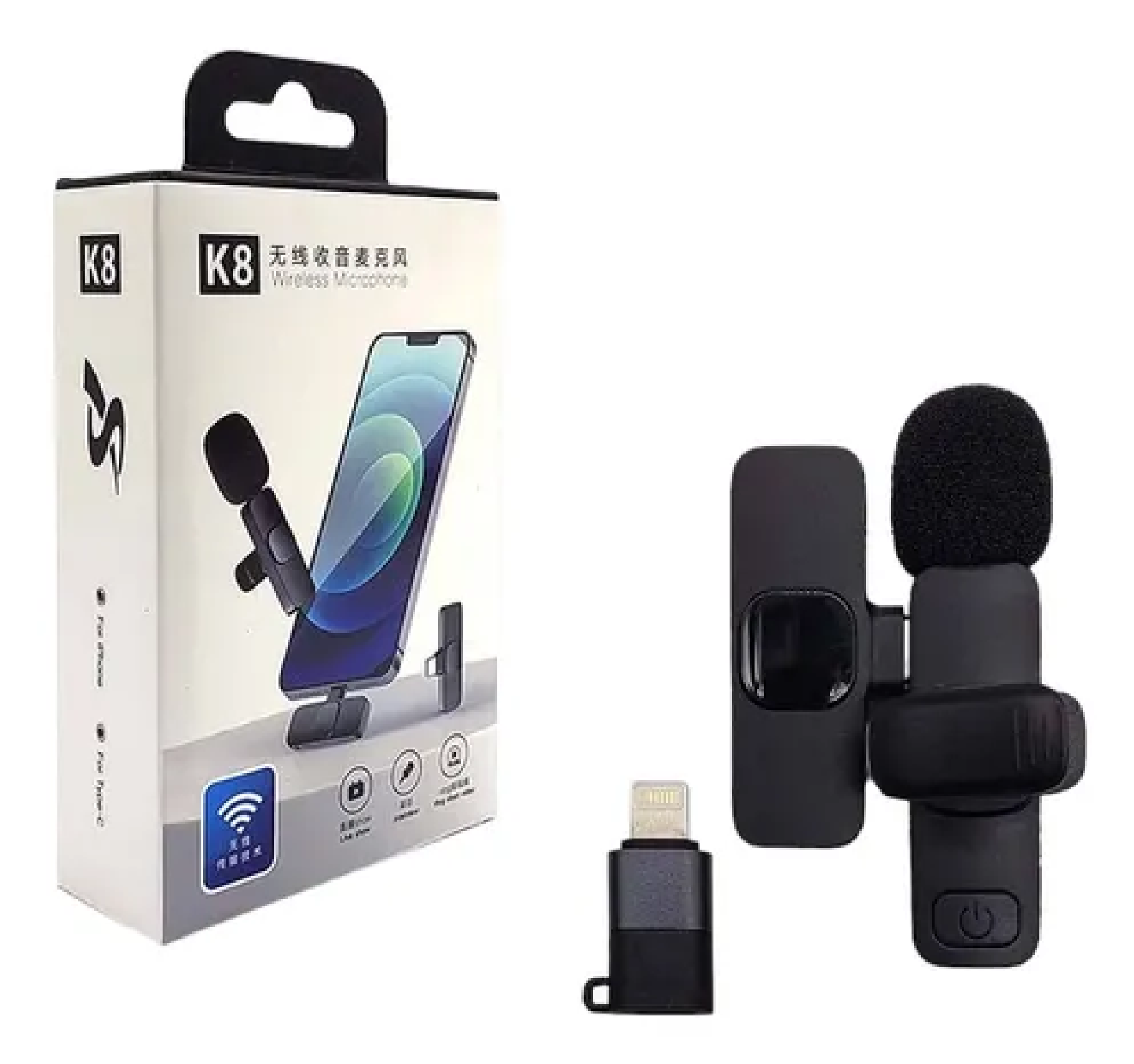 Micrófono inalámbrico K8 negro con esponja, receptor con conector Lightning y caja blanca con de uso en smartphone.