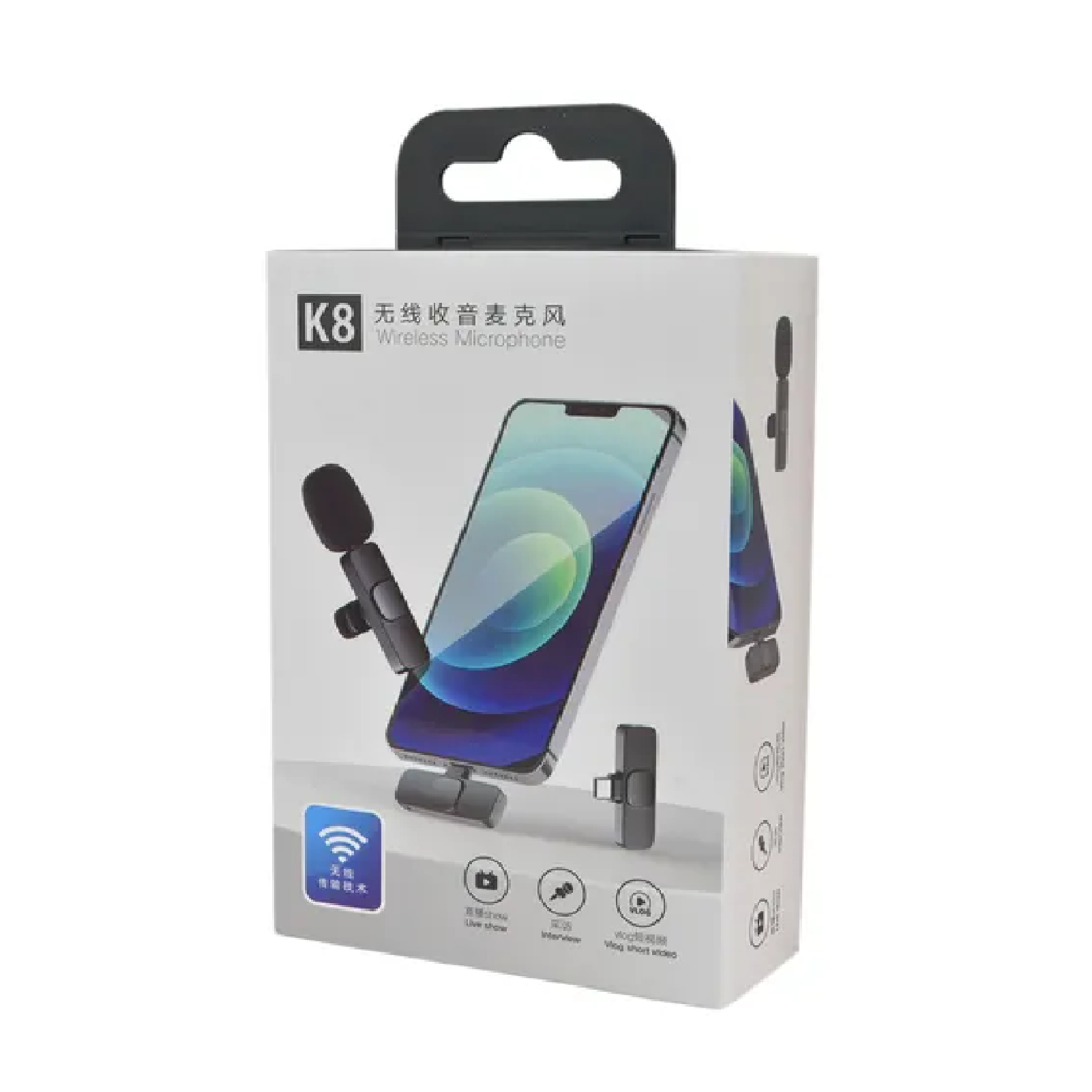 Empaque blanco del set de micrófonos inalámbricos K8 con de un smartphone, receptor y micrófono lavalier negro para vlogs