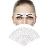 Set de 12 plantillas plásticas transparentes para cejas con guías de medición, incluye modelo de arco suave colocado sobre el rostro para diseño simétrico.