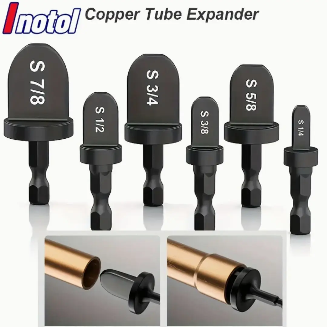 Set de 6 expansores de tubos de cobre negros para taladro, con medidas grabadas de 1/4, 3/8, 1/2, 5/8, 3/4 y 7/8 pulgadas y ejemplo de uso en tubería.