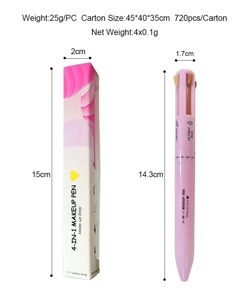 Lápiz de maquillaje 4 en 1 color rosa con empaque, mide 14.3 cm de largo, incluye cuatro tonos para ojos, cejas, labios y brillo en un diseño compacto.