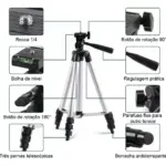 Trípode de aluminio plateado y negro con tres patas telescópicas, cabezal ajustable y burbuja de nivel para cámara y celular.