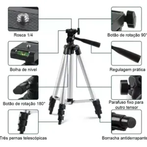 Trípode de aluminio plateado y negro con tres patas telescópicas, cabezal ajustable y burbuja de nivel para cámara y celular.