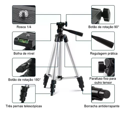 Trípode de aluminio plateado y negro con tres patas telescópicas, cabezal ajustable y burbuja de nivel para cámara y celular.