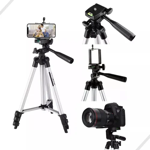 Trípode de aluminio plateado con cabezal ajustable, soporte para celular en vertical y horizontal, y cámara profesional montada.