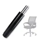 Cilindro neumático de repuesto para silla de oficina con cuerpo negro y pistón metálico plateado, junto a la silueta de una silla de escritorio.