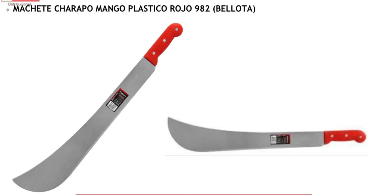 Machete Charapo con hoja curva ancha de acero y mango de plástico rojo, ideal para despejar maleza y terrenos agrícolas con buen agarre.