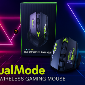 Mouse gamer inalámbrico negro con detalles verde neón, junto a su caja de empaque y fondo futurista con luces LED.