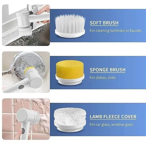 Cepillo eléctrico recargable blanco con tres cabezales intercambiables: cepillo de cerdas suaves, esponja amarilla y funda de lana para limpieza multiuso.