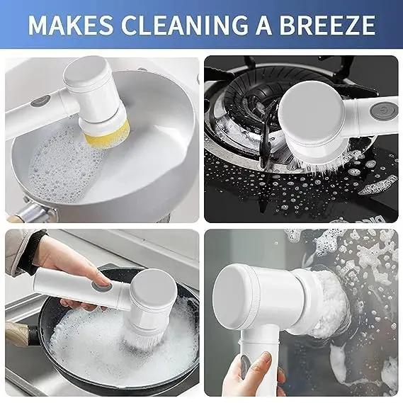 Cepillo eléctrico blanco y portátil con cabezales intercambiables limpiando ollas, estufas y superficies con espuma.