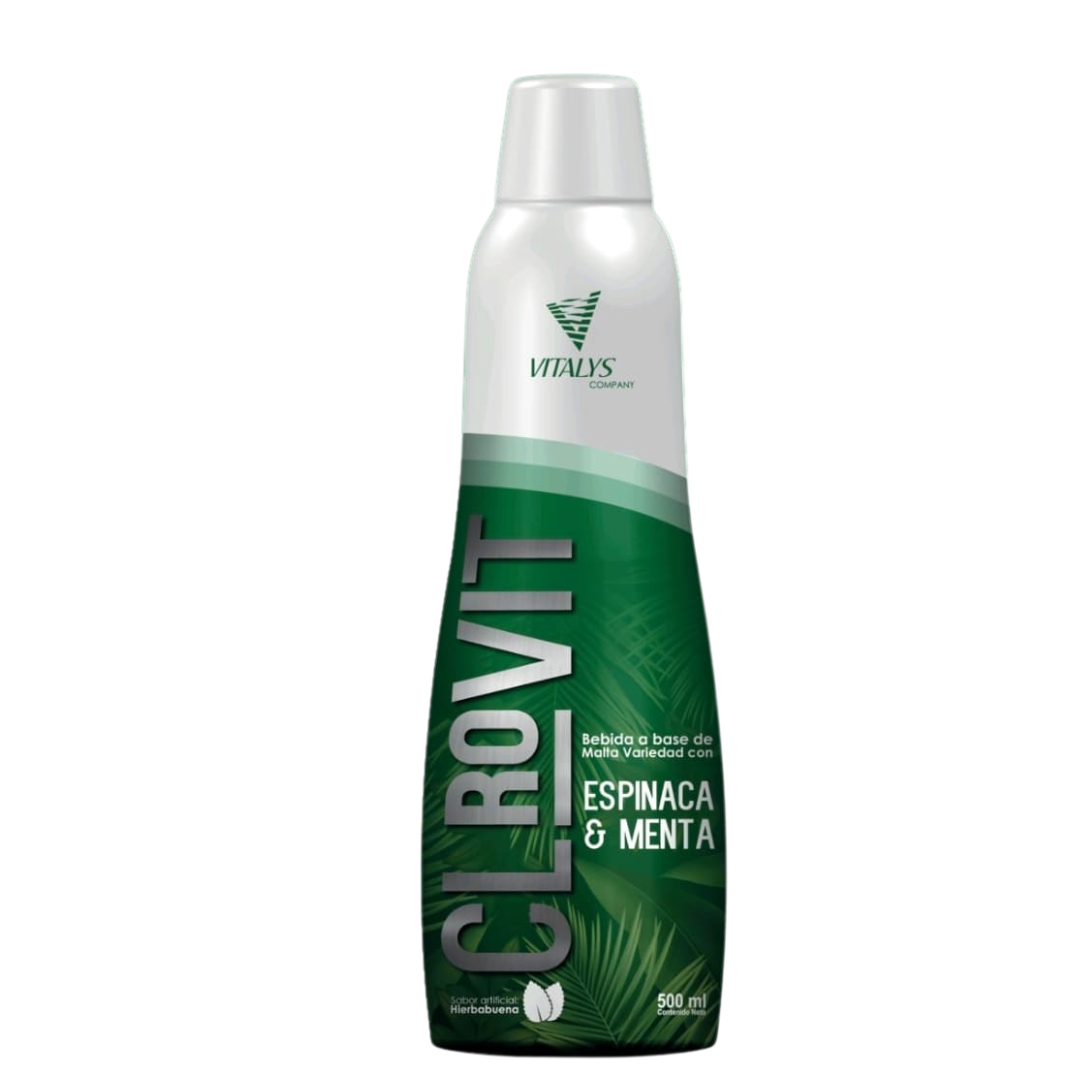 Botella blanca y verde de 500 ml de bebida de clorofila con espinaca y menta, con tapa blanca y diseño vegetal.