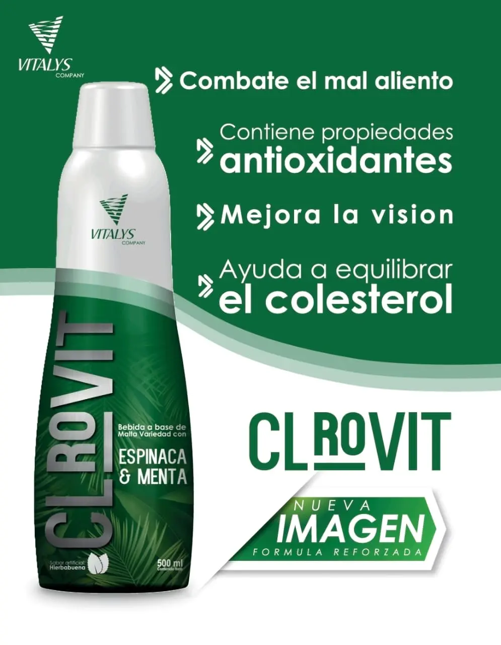 Jarabe de clorofila Clrovit sabor espinaca y menta de 500 ml. Botella verde con diseño de hojas y tapa blanca de Vitalys con fórmula reforzada.
