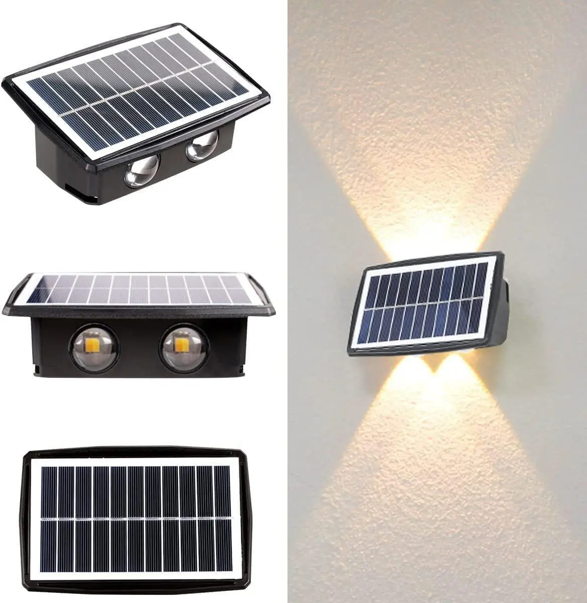 Lámpara solar LED de pared en color negro con panel superior y doble luz bidireccional encendida sobre una superficie texturizada.