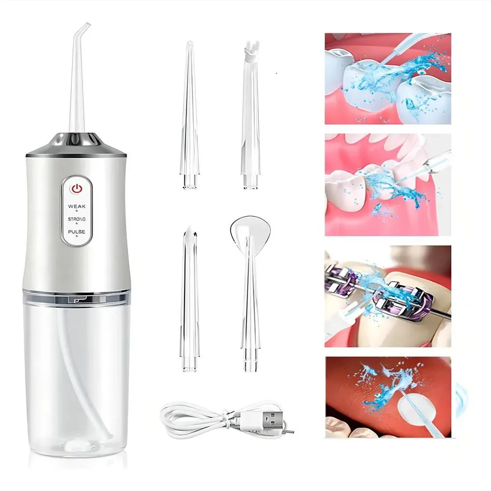 Irrigador dental sónico plata con tanque transparente, cuatro boquillas, cable USB y esquemas de uso en dientes, encías, lengua y ortodoncia.