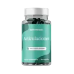 Frasco de suplemento dietario Santo Remedio Articulaciones con etiqueta verde agua y 60 cápsulas oscuras para la salud articular.
