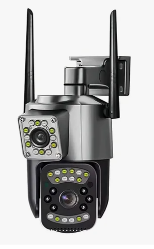 Cámara de seguridad PTZ con doble lente, acabado gris y negro, dos antenas y luces LED para visión nocturna en ambos lentes.