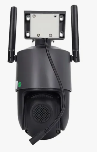 Cámara de seguridad PTZ negra con dos antenas, base metálica de montaje, cable y rejilla de altavoz, modelo V380 Pro de doble lente.