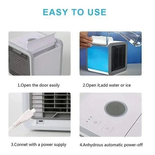 Guía visual de cuatro pasos en español para usar el enfriador de aire personal: abrir puerta, agregar agua, conectar energía y botón de apagado automático.