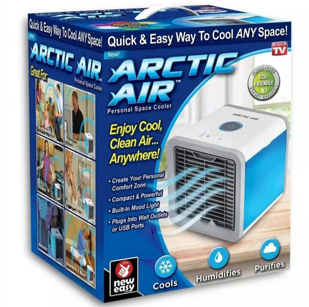 Empaque de enfriador de aire personal Arctic Air en blanco y azul, con funciones de enfriamiento, humidificación y purificación.
