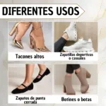 Cuatro tipos de zapatos de mujer: tacones altos dorados, zapatillas deportivas blancas, zapatos planos negros y botines beige.