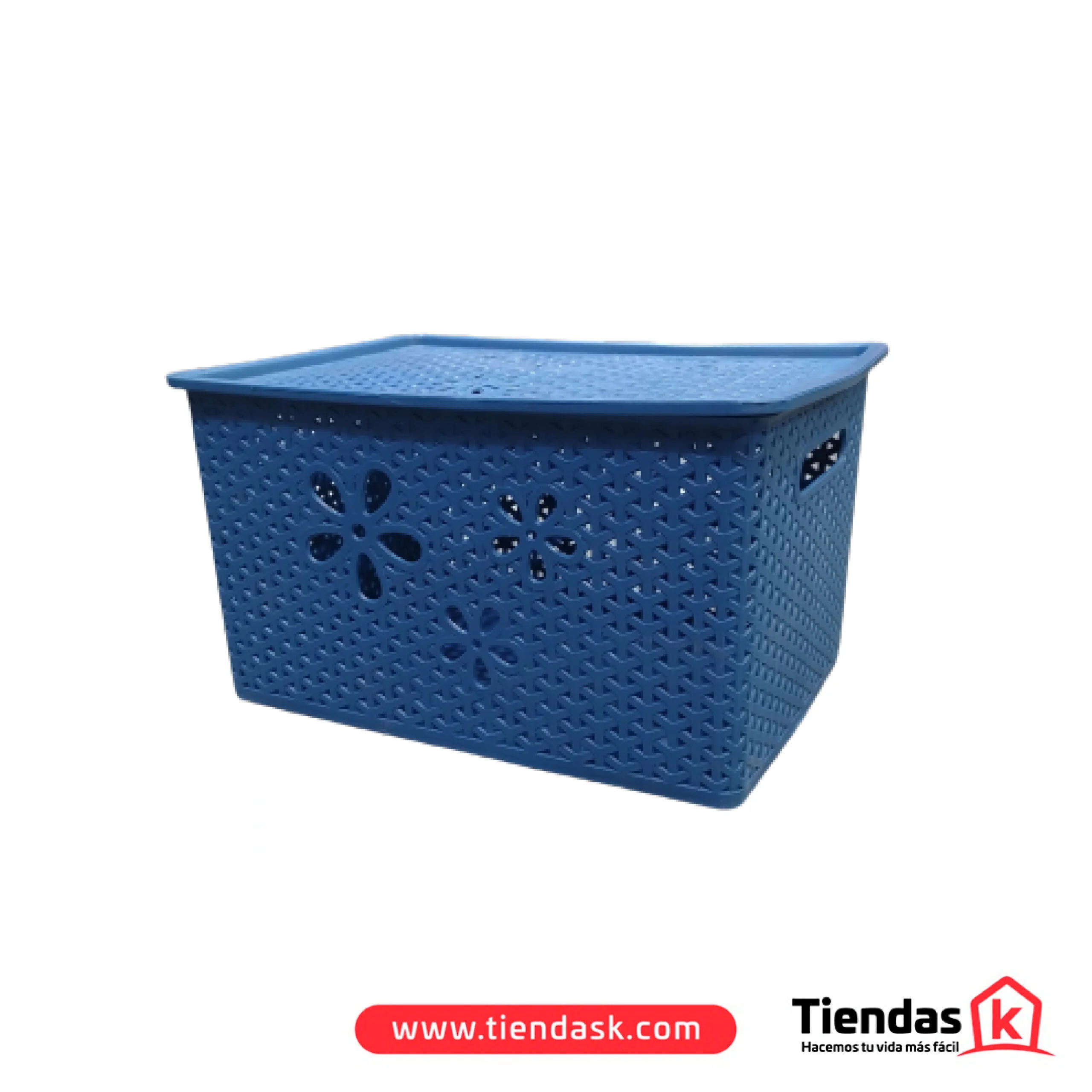 Caja organizadora azul de 8 litros con tapa, diseño de textura tipo rattan y detalles florales calados en el frente, ideal para almacenamiento en el hogar.