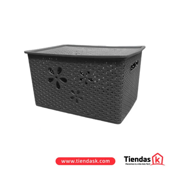 Caja organizadora de 8 litros color gris oscuro con tapa, diseño estilo rattan y calados decorativos en forma de flores, ideal para almacenamiento en casa.