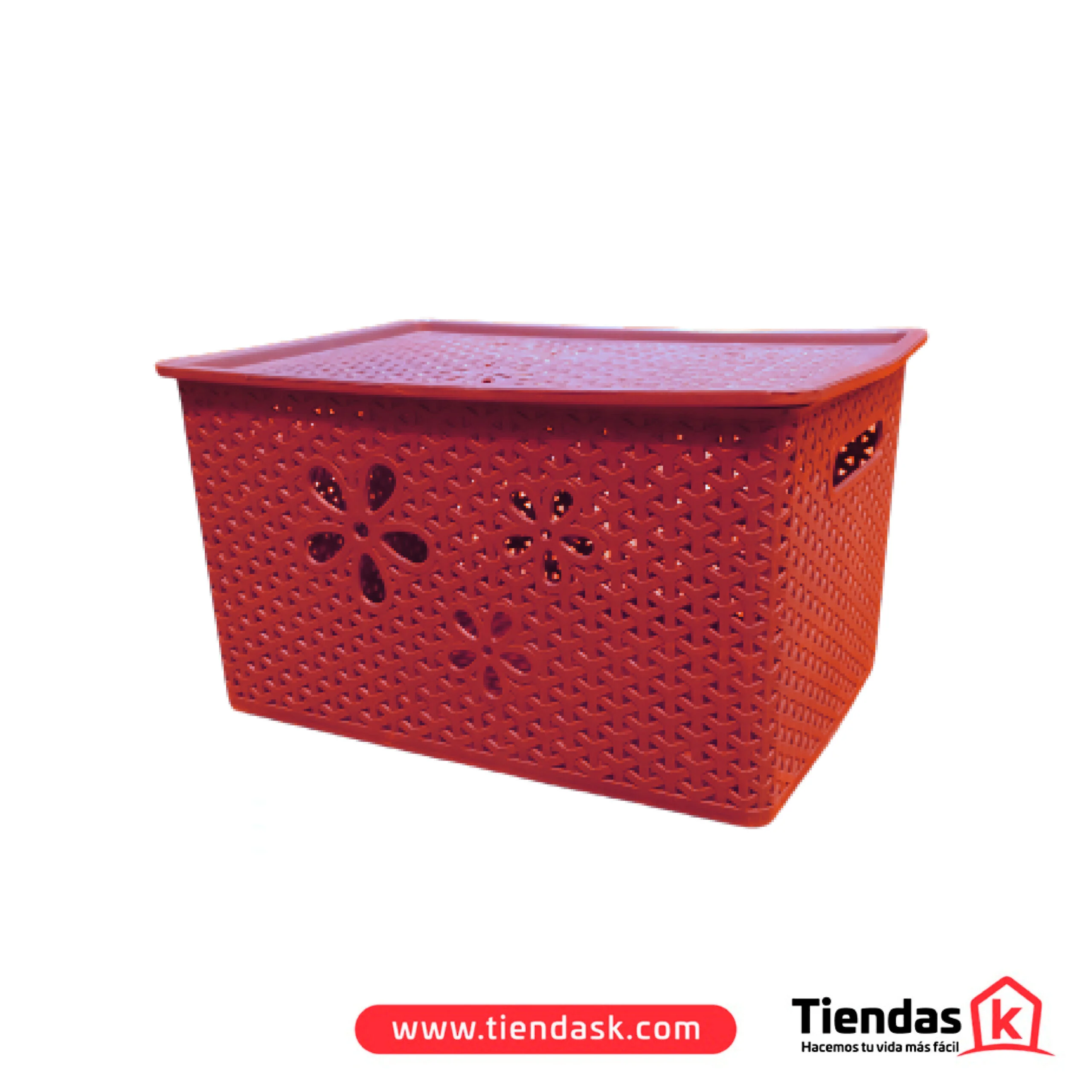 Caja organizadora plástica color rojo de 8 litros con tapa, diseño tipo rattan y detalles florales calados, ideal para almacenamiento y orden en el hogar.